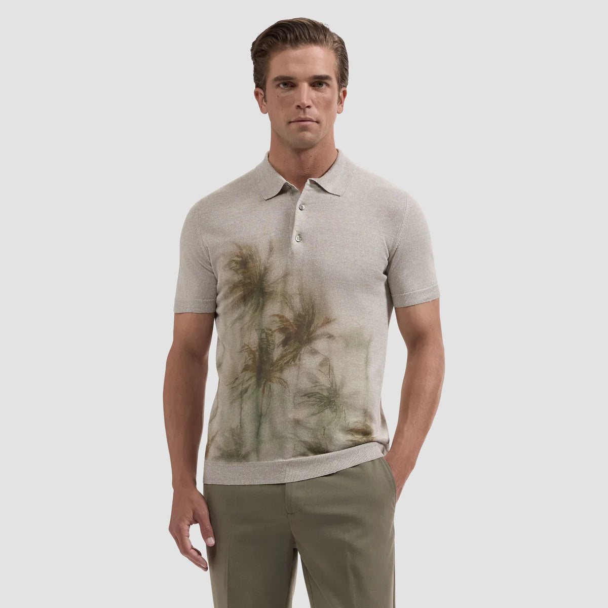 Palm Print Short-Sleeve Polo Sweater (JH7704PO1)