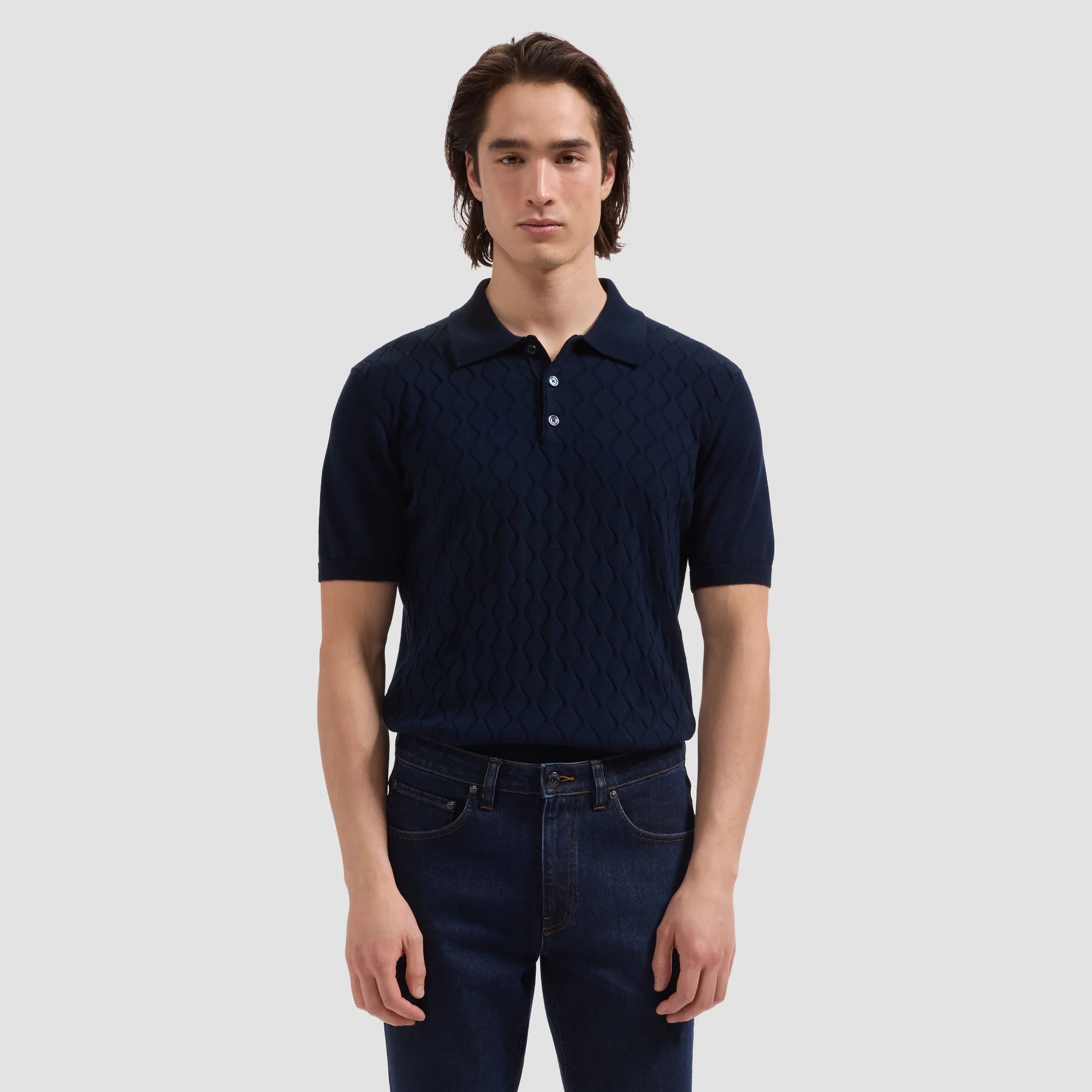 Embossed Wave Short-Sleeve Polo Sweater (JH310PO1)
