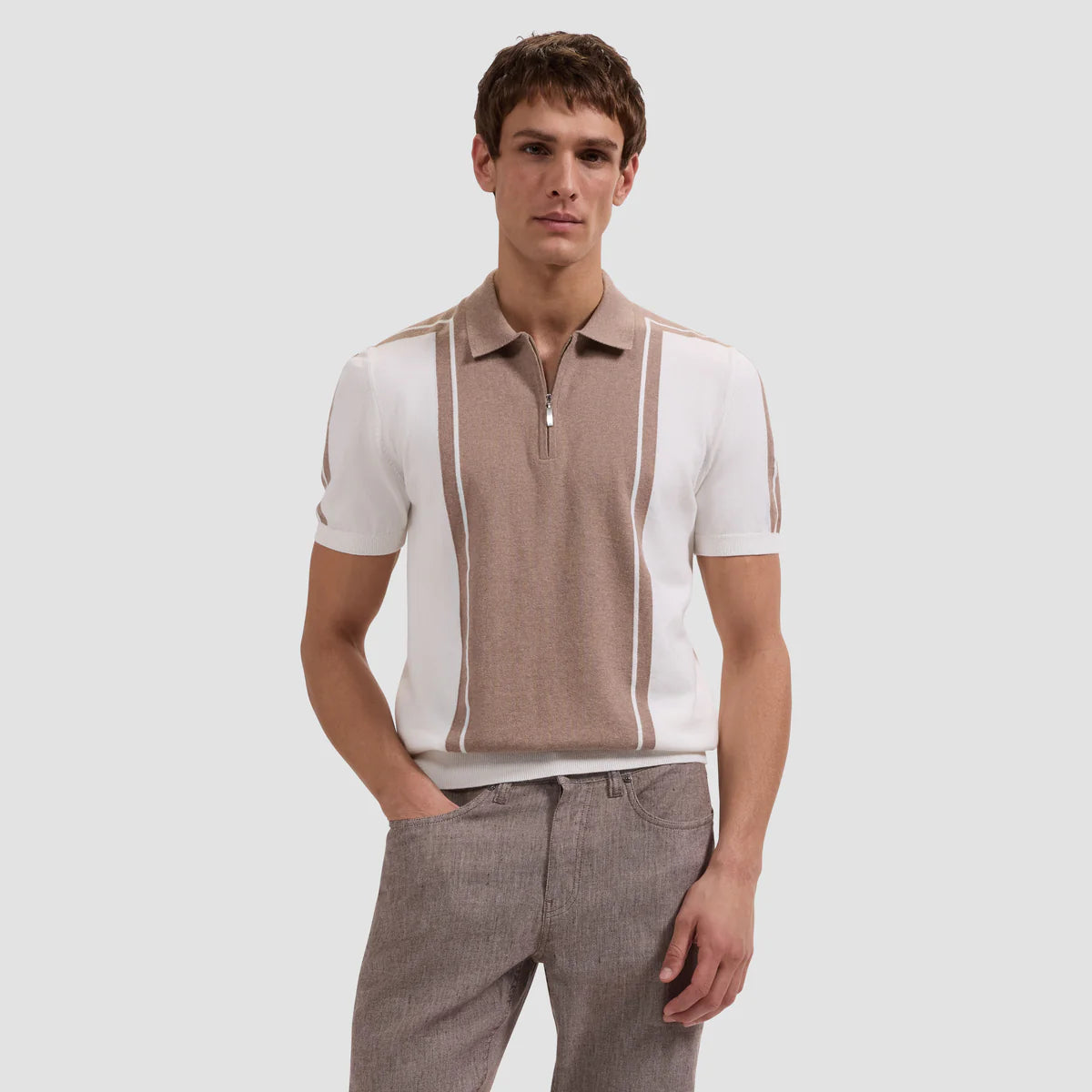 Contrast Panel Short-Sleeve Quarter-Zip Sweater (JH402PZ1)