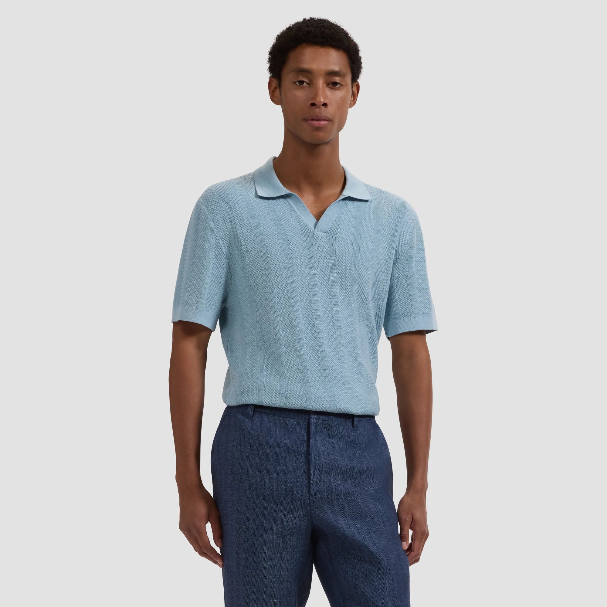 Textured Stripe Johnny Collar Short-Sleeve Sweater (JH554JC1)