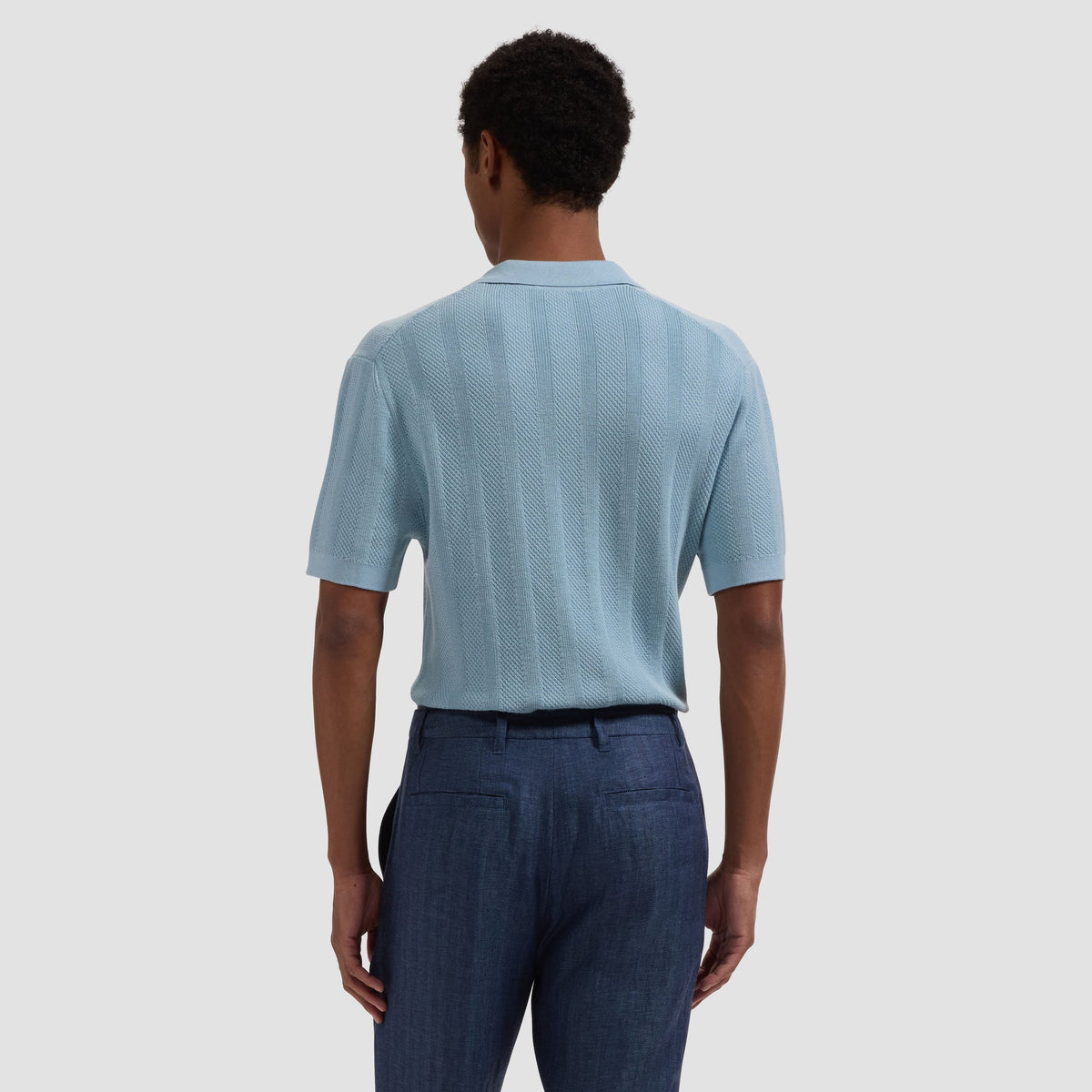 Textured Stripe Johnny Collar Short-Sleeve Sweater (JH554JC1)