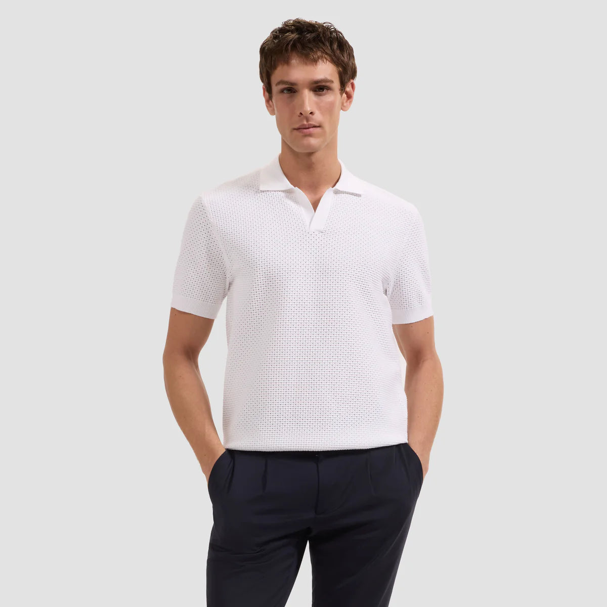 Open-Lattice Johnny Collar Short-Sleeve Sweater (JH710JC1)