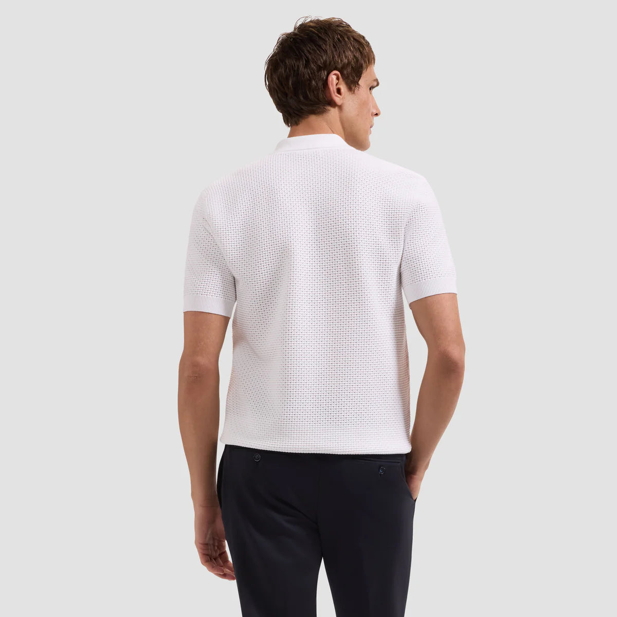 Open-Lattice Johnny Collar Short-Sleeve Sweater (JH710JC1)