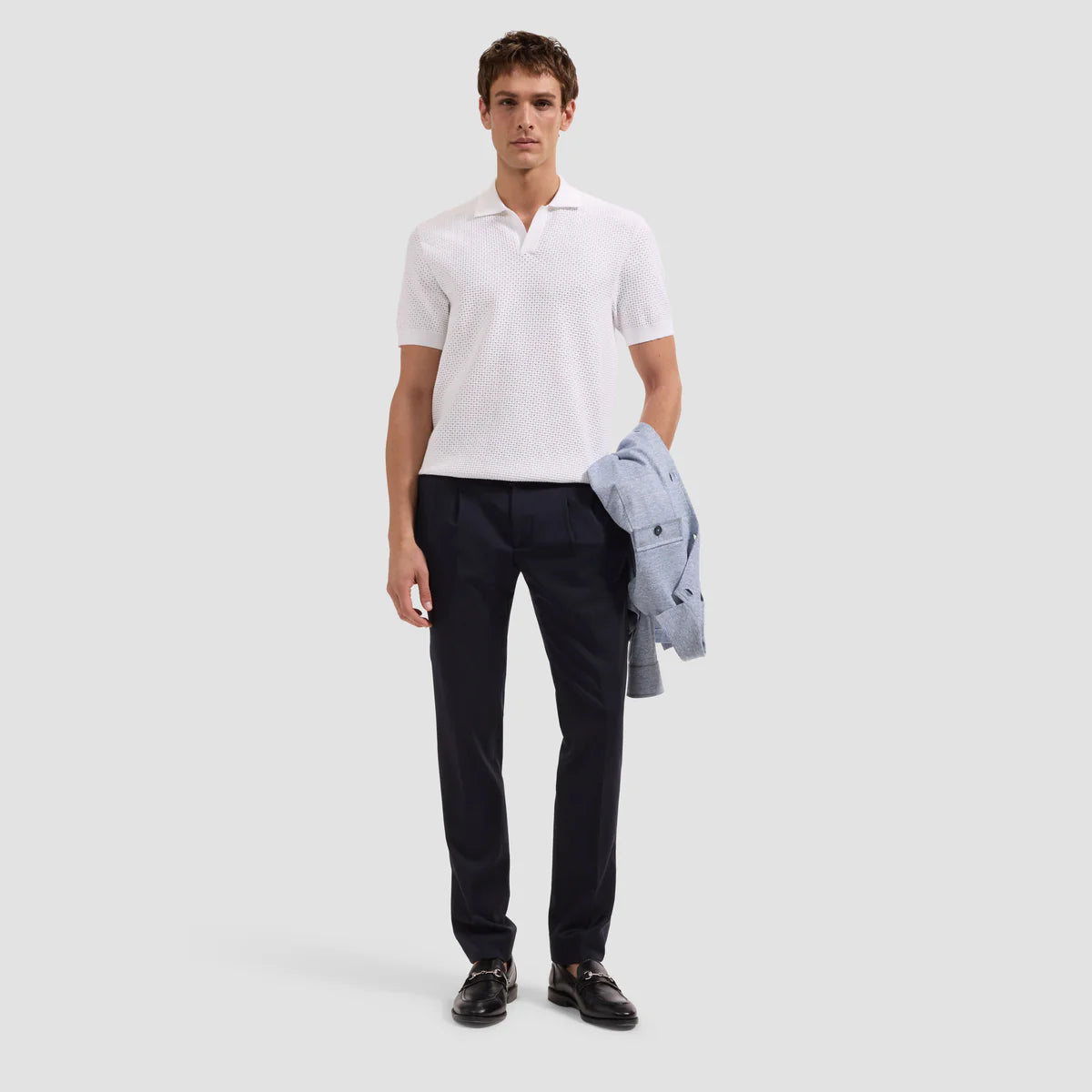 Open-Lattice Johnny Collar Short-Sleeve Sweater (JH710JC1)