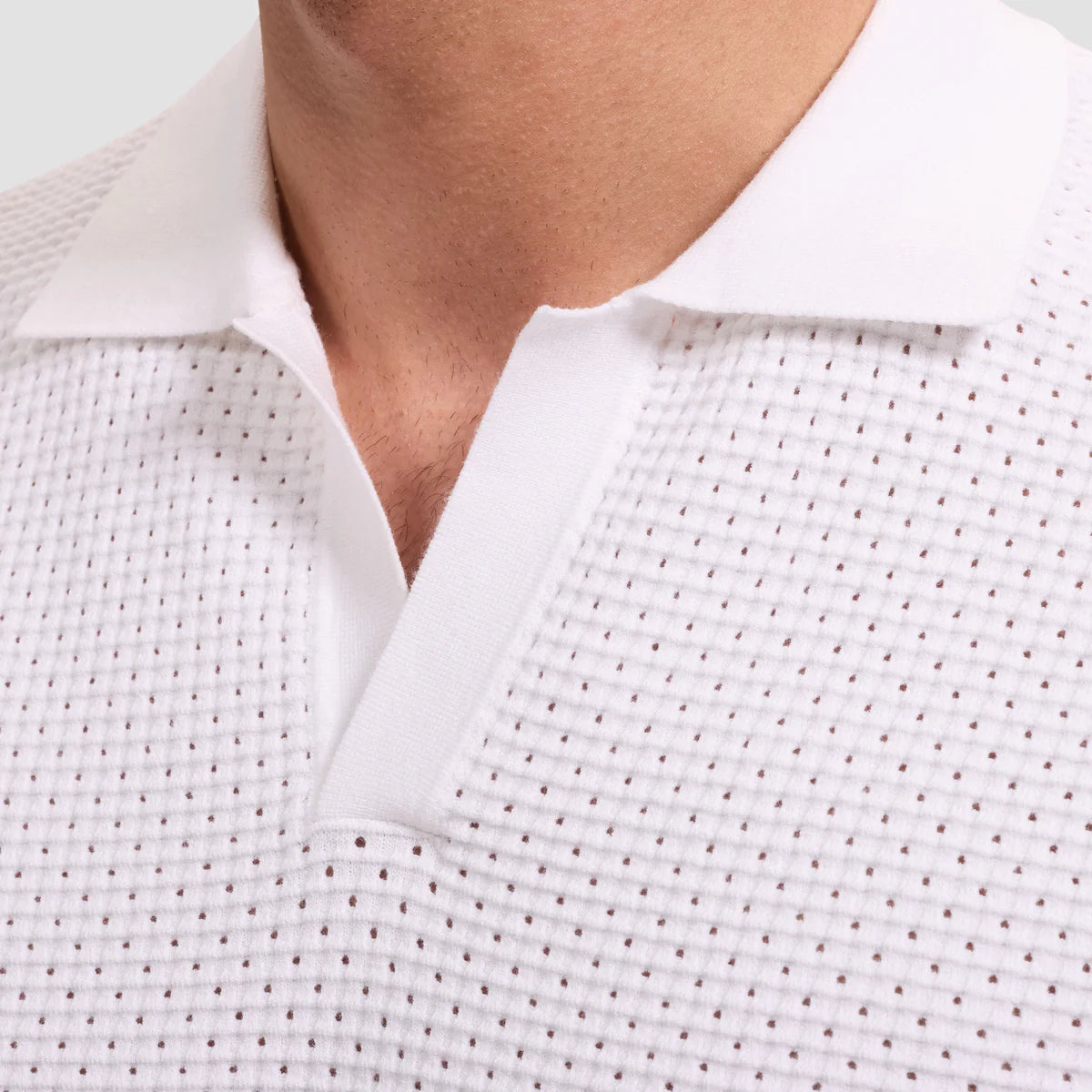 Open-Lattice Johnny Collar Short-Sleeve Sweater (JH710JC1)