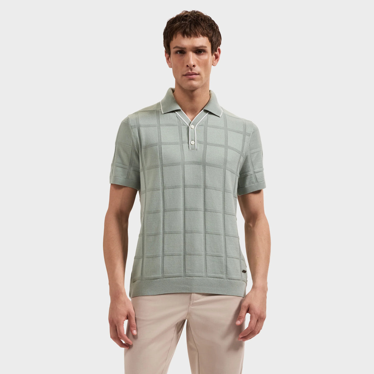 Windowpane Johnny Collar Short-Sleeve Sweater (KH556JV1)