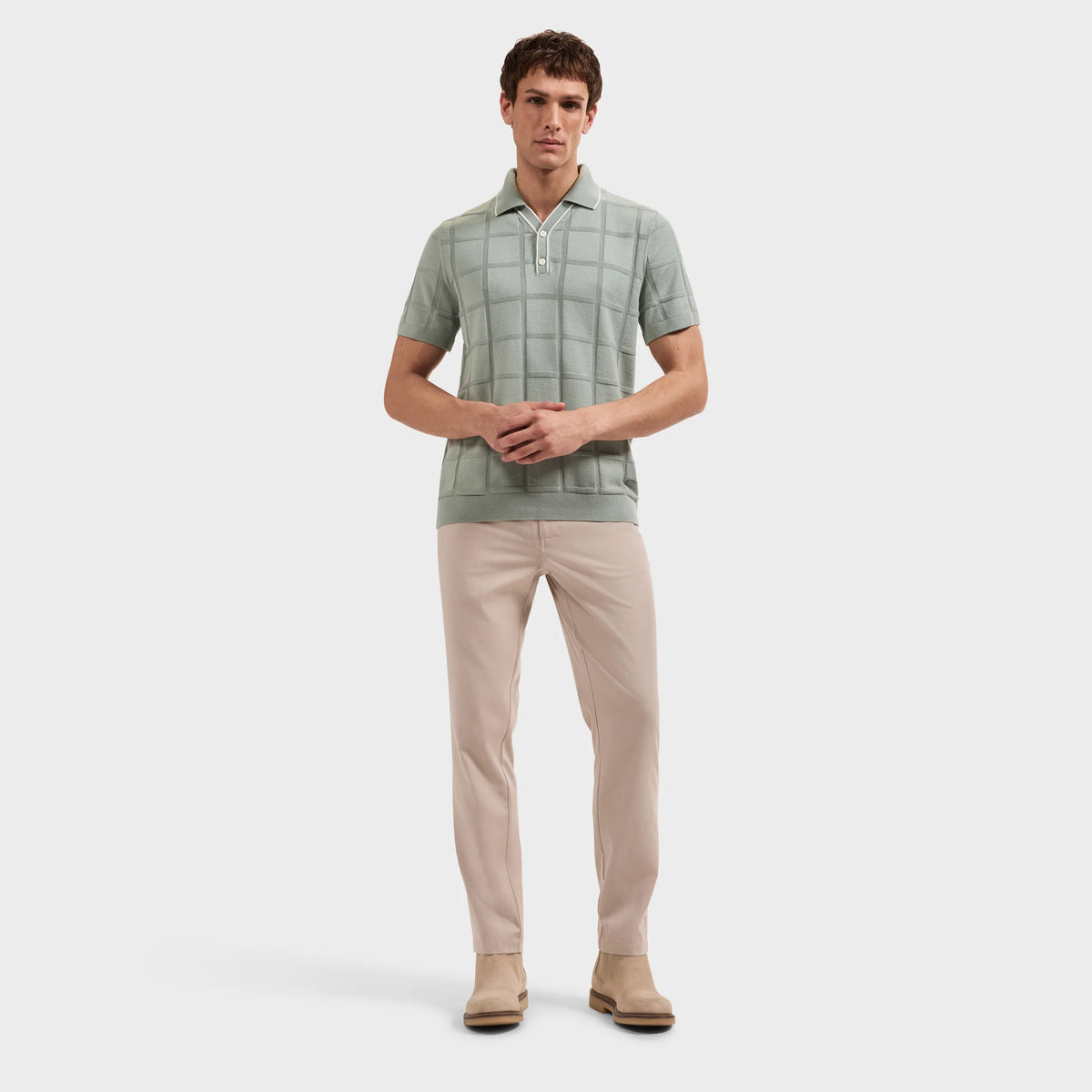 Windowpane Johnny Collar Short-Sleeve Sweater (KH556JV1)